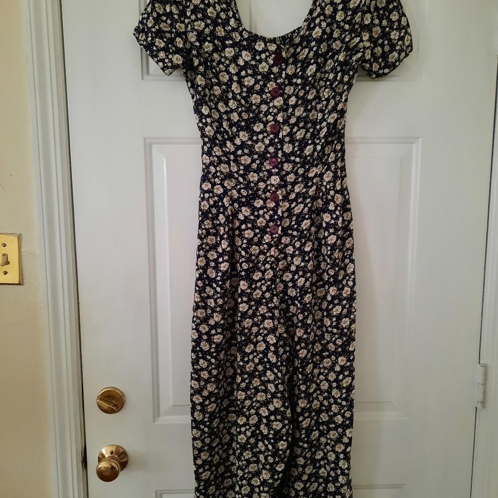 Womens summer small white flowers on black fabric jumpsuit with short sleeves